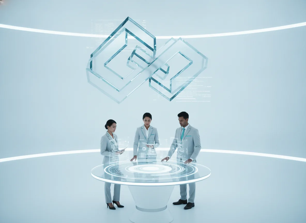 Clean futuristic corporate aesthetic, confident efficient mood, crisp