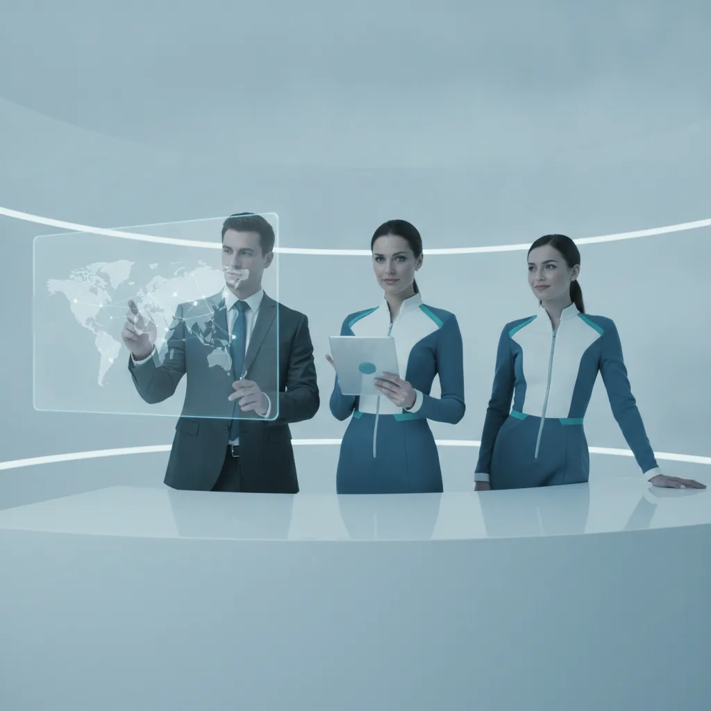 Clean futuristic corporate aesthetic, confident efficient mood, crisp